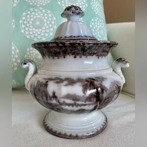 Antique John Alcock Cobridge Vicennes Mulberry Sugar Pot Tureen 7.5” Brown White
